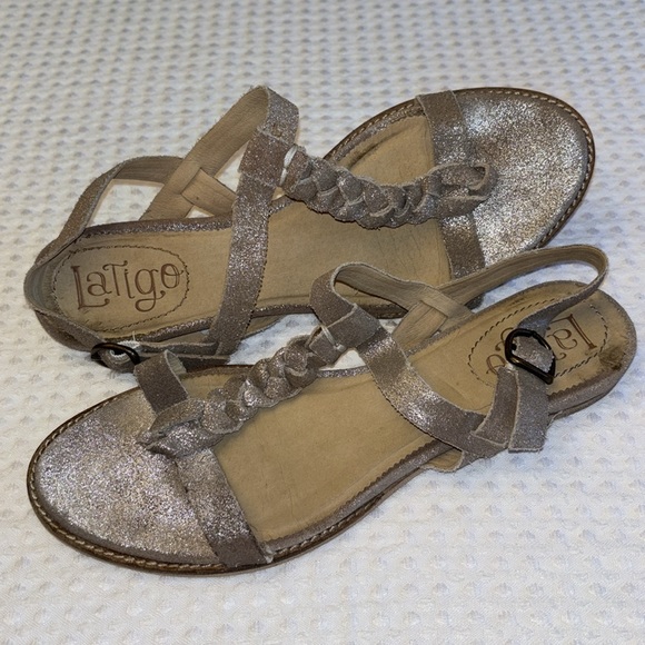 ANTHROPOLOGIE LATIGO Dreamy 8.5 Leather Flat Sandals Neutral Metallic Taupe Gray - Picture 3 of 16